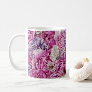 Caneca De Café Padrão de Flores de Rosa Lavanda Branca Rosa