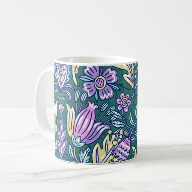 Caneca De Café Padrão de Flores e Pássaros em Estilo Antigo (Frente Esquerda)