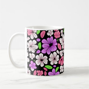 Caneca De Café Padrão de Flores e Pétalas Roxas e Rosas Preto