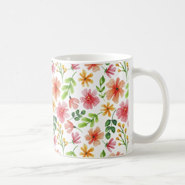 Caneca De Café Padrão de Flores Rosa em Aquarela (Direita)