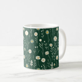 Caneca De Café Padrão de Flores Silvestres Elegantes em Verde Esc