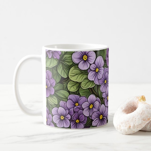 Caneca De Café Padrão de flores violetas africanas (Com Donut)
