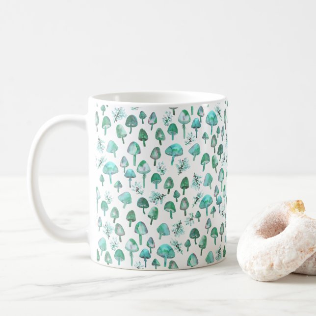 Caneca De Café Padrão de Floresta de Aquarela de Cogumelos Magico (Com Donut)