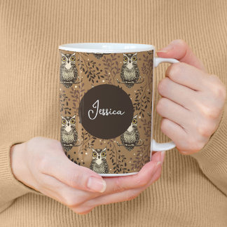 Caneca De Café Padrão De Floresta Ilustrada De Coruja Castanha