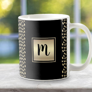 Caneca De Café Padrão de folha de ouro preto monograma moderno