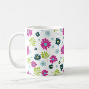 Caneca De Café Padrão de Folha Verde Azul Rosa-Rosa Daisy