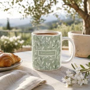Caneca De Café Padrão de Folhas de Oliveira Elegantes com Nome Pe