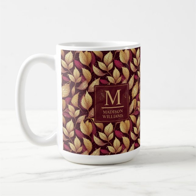 Caneca De Café Padrão de Folhas de Outono com Brilho Dourado e Ma (Esquerda)