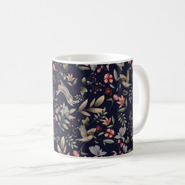 Caneca De Café Padrão de Folhas Florais de Animais da Floresta Az (Frente Esquerda)
