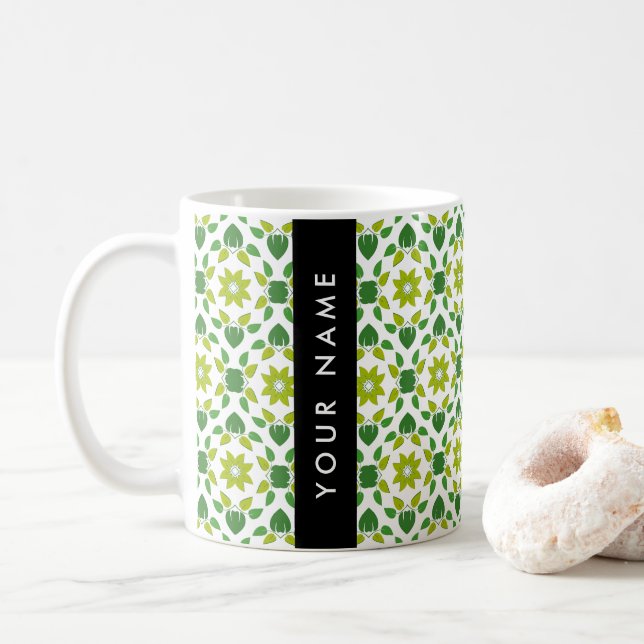 Caneca De Café Padrão de Folhas, Folhas Verdes, Seu Nome (Com Donut)