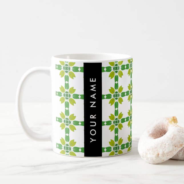 Caneca De Café Padrão de Folhas, Folhas Verdes, Seu Nome (Com Donut)