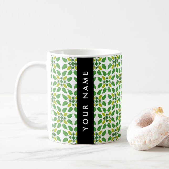 Caneca De Café Padrão de Folhas, Folhas Verdes, Seu Nome (Com Donut)