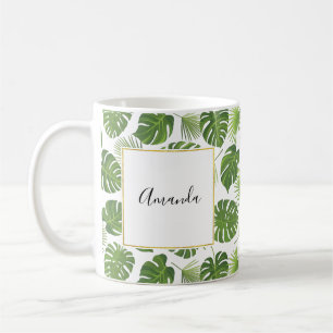 Caneca De Café Padrão de Folhas Tropicais na moda Verde