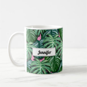 Caneca De Café Padrão de Folhas Tropicais Verde Exótica