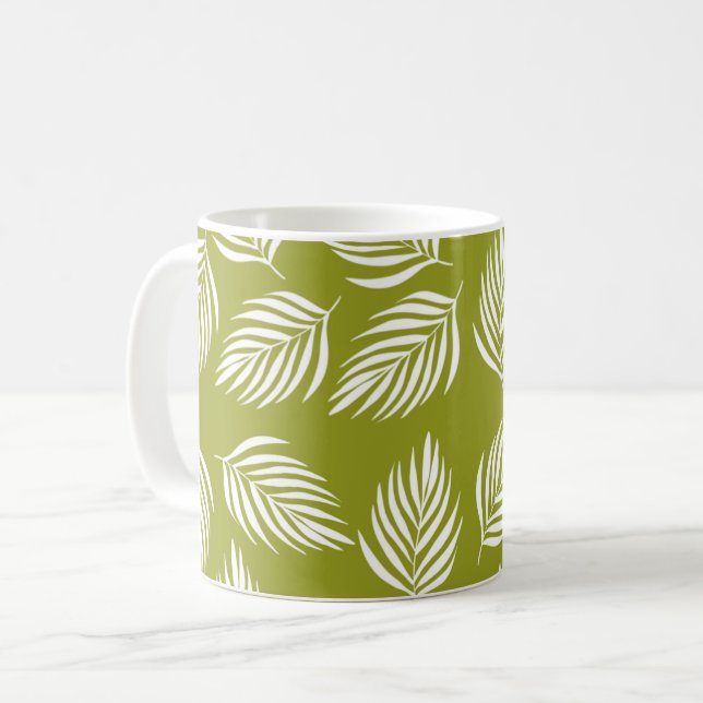 Caneca De Café Padrão de Folhas Verde Lima Decorativas (Frente Esquerda)