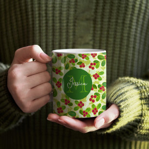 Caneca De Café Padrão de Fruta de amora festiva, verde