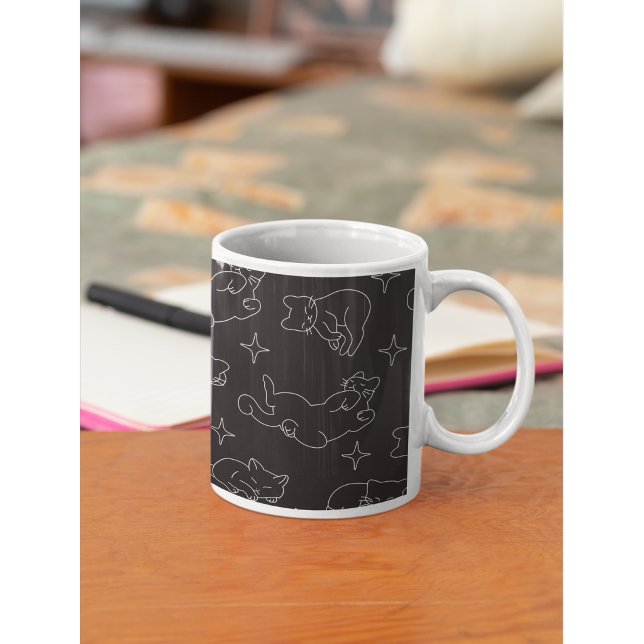 Caneca De Café Padrão de Gato Adormecido Fofo Tema de Noite Aconc (Cute sleeping cat aesthetic mug for cozy coffee lovers.)