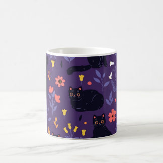 Caneca De Café padrão de Gatos Pretos e Flores Silvestres