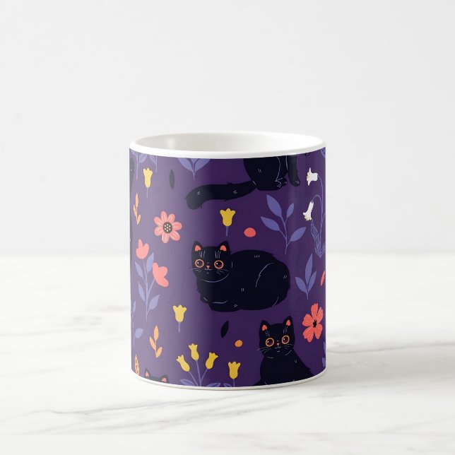 Caneca De Café padrão de Gatos Pretos e Flores Silvestres (Centro)