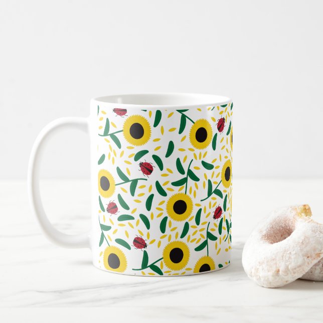 Caneca De Café Padrão de Girassóis e Ladybugs (Com Donut)