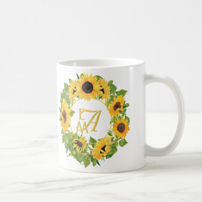 Caneca De Café Padrão de Girassóis Monogramados Decorativos (Direita)