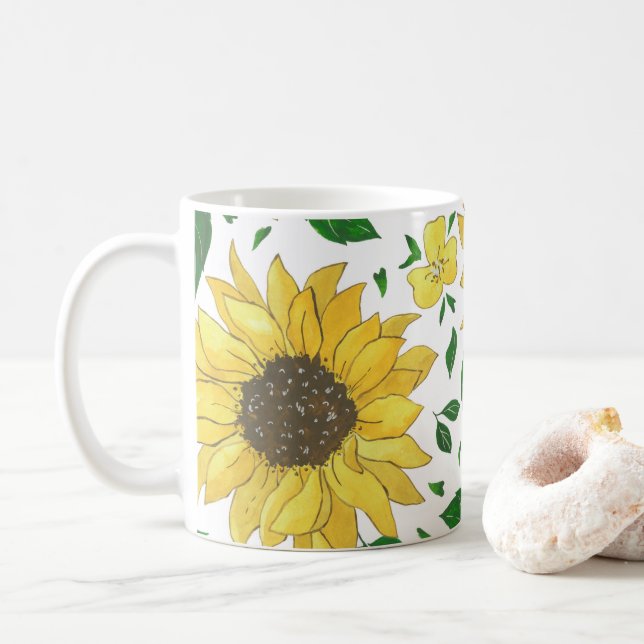 Caneca De Café Padrão de Girassol em Aquarela  (Com Donut)