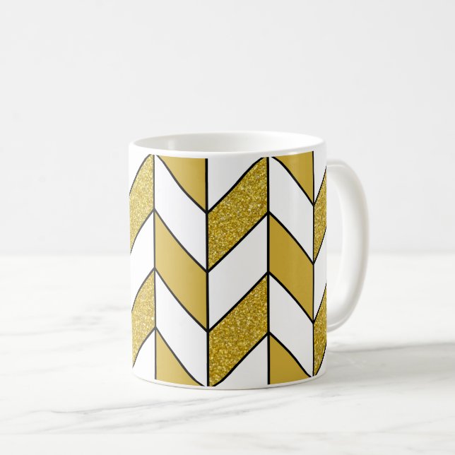 Caneca De Café Padrão de Glitter Herringbone de Glitter Dourado E (Frente Esquerda)