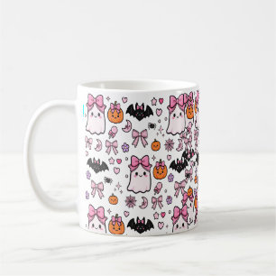 Caneca De Café Padrão de Halloween Fantasma com Laço Rosa Coquett