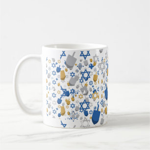 Caneca De Café Padrão de Hanukkah Dreidel Azul Prata