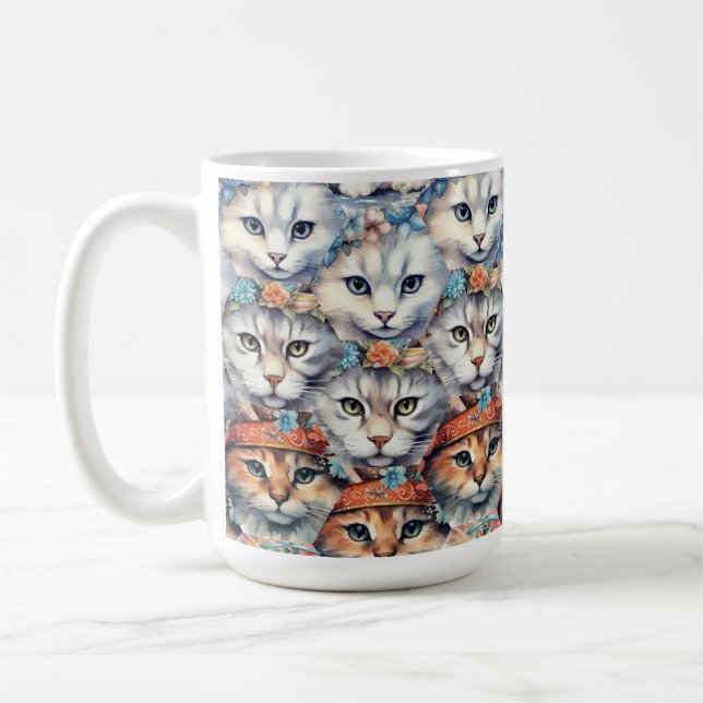 Caneca De Café Padrão de Hexágono de Rostos de Gato (Esquerda)