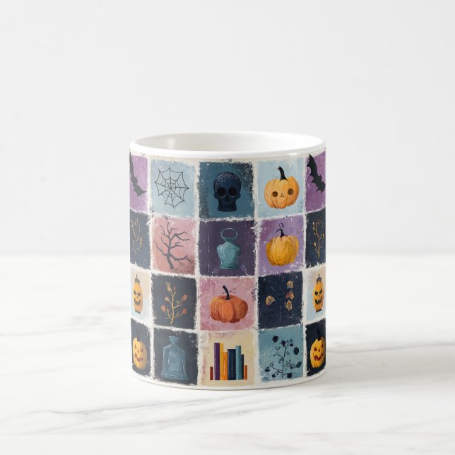 Caneca De Café Padrão de Ícones de Halloween de Patchwork Spooky (Centro)