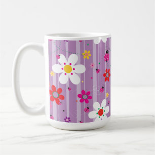 Caneca De Café Padrão de Ilustração de Ladybug Rosa Floral Retro