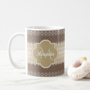 Caneca De Café Padrão de Knit Castanho e Tan Neutro com Nome