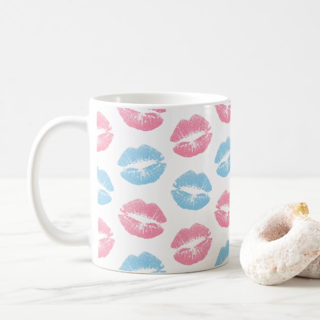 Caneca De Café Padrão de Lábios Azuis e Rosas, Lábios, Beijo (Com Donut)
