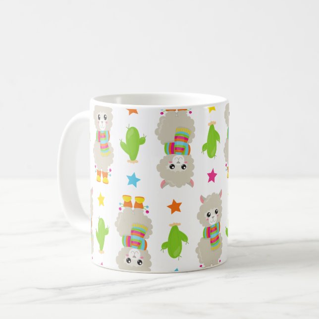 Caneca De Café Padrão De Lhamas, Lhamas Cutas, Alpacas, Cactus (Frente Esquerda)