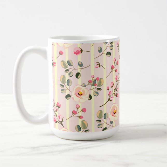 Caneca De Café Padrão de Listras Florais Rosa Suave (Esquerda)