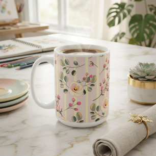 Caneca De Café Padrão de Listras Florais Rosa Suave