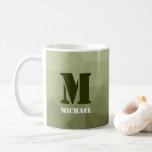 Caneca De Café Padrão de malha geométrica verde-clara do exército<br><div class="desc">Monograma Personalize com seu nome e inicial personalizados. O padrão geométrico do gradiente verde do exército triangular. Malha geométrica triangular com gradiente verde-cinza claro e escuro. militar,  exército,  padrão,  ombre,  malha,  triângulos,  geometria,  geometria,  gradiente,  legal,  triângulo,  verde</div>