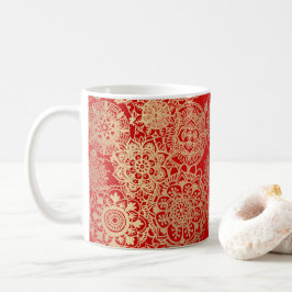 Caneca De Café Padrão de Mandala Dourado Elegante Vermelho