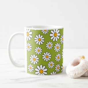 Caneca De Café Padrão de Margarida Floral Verde e Branco