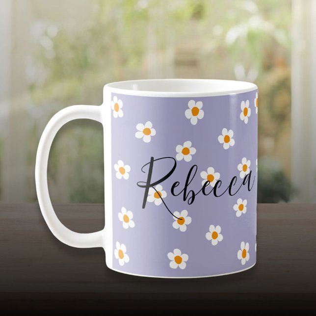 Caneca De Café Padrão de Margarida Moderna Fofa Roxa Personalizad (Cute Modern Daisy Pattern Purple Personalized Coffee Mug)