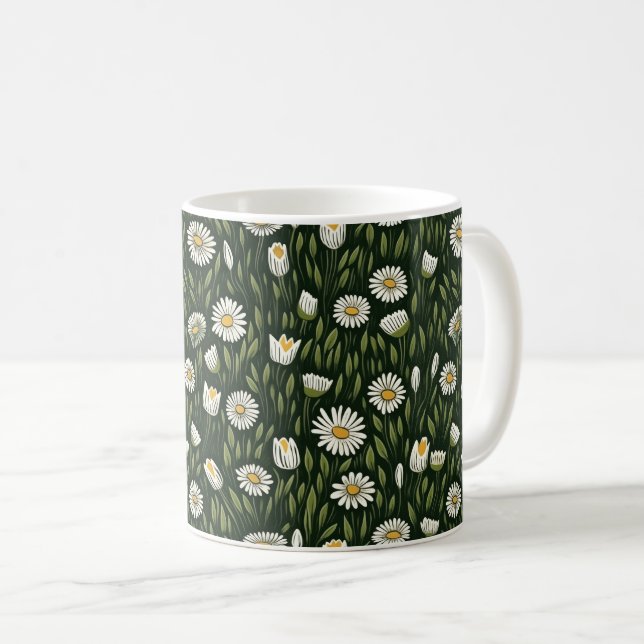 Caneca De Café Padrão de Margarida Vibrante com Acentos Verdes Ex (Frente Esquerda)