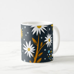 Caneca De Café Padrão de Margaridas Modernas em Azul Escuro