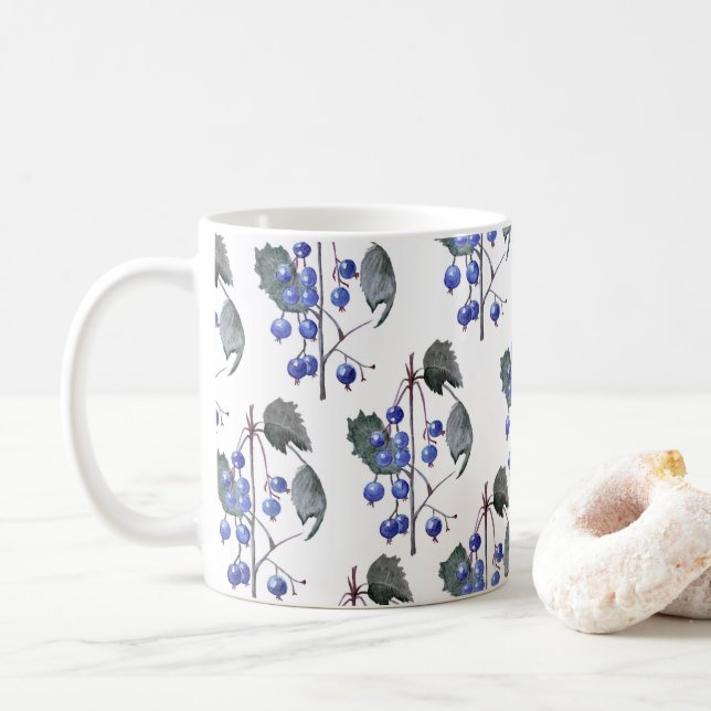 Caneca De Café Padrão de Mirtilos em Aquarela (Com Donut)