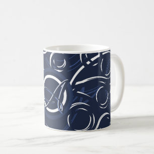 Caneca De Café Padrão de Monograma Azul e Branco do Marinho Eleg