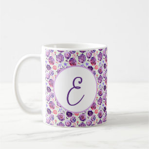 Caneca De Café Padrão de monograma de flores de aquarela roxa