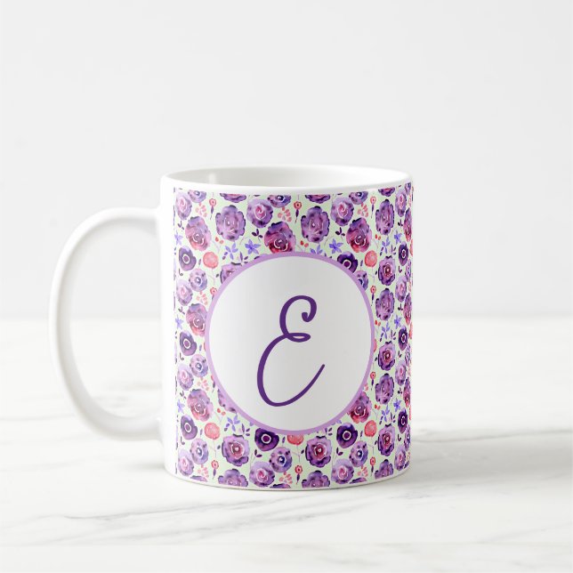 Caneca De Café Padrão de monograma de flores de aquarela roxa (Esquerda)