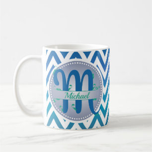 Caneca De Café Padrão de Monograma em Chevron com Degradê Azul e 