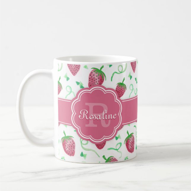 Caneca De Café Padrão de Morango com Aquarela com Monograma (Esquerda)