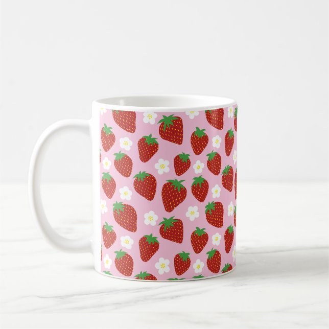 Caneca De Café Padrão de Morango Fofo em Fundo Rosa (Esquerda)